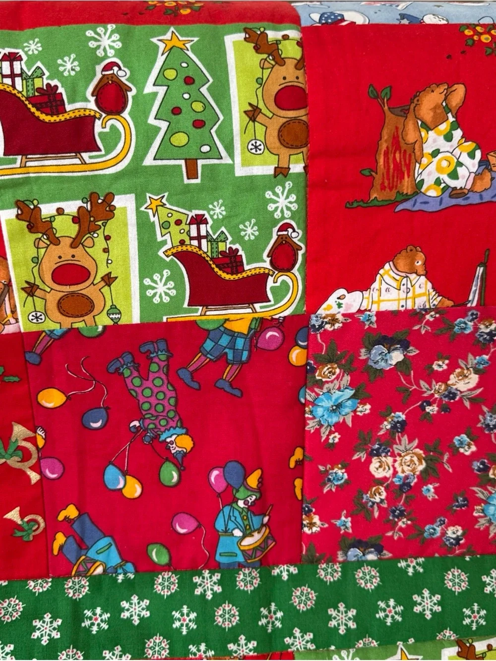 Handmade Christmas Patchwork Quilt 50x38 Holiday Reindeer Tree Sleigh Throw